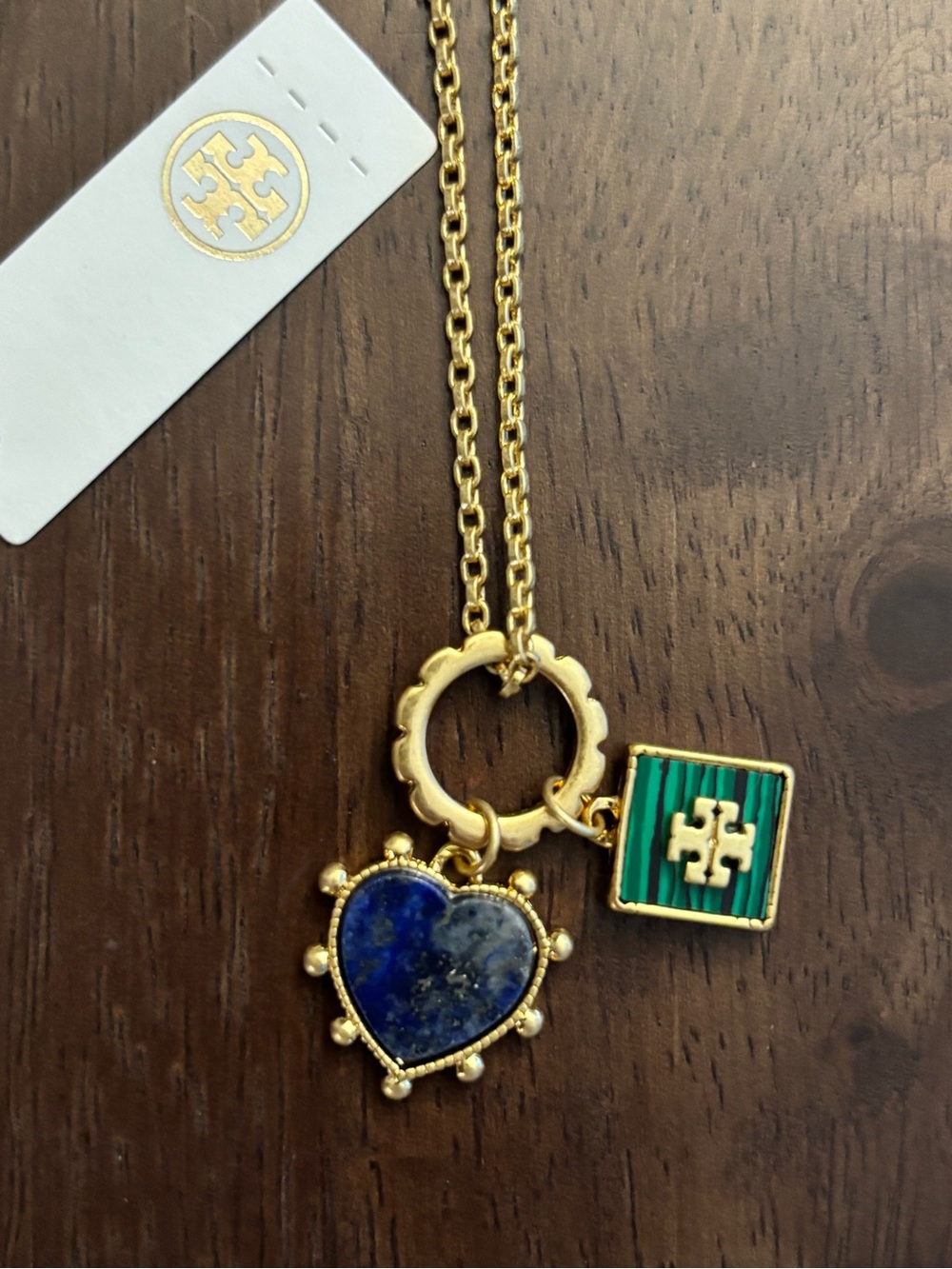 BNWT Tory Burch Green Blue Malachite Lapis Heart Charm Necklace